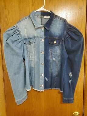 Two-Tone Puff-Sleeve Denim Jacket - Blue